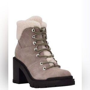 Marc Fisher Vacinta Grey Suede Lace Up Shearling Ankle Boots
